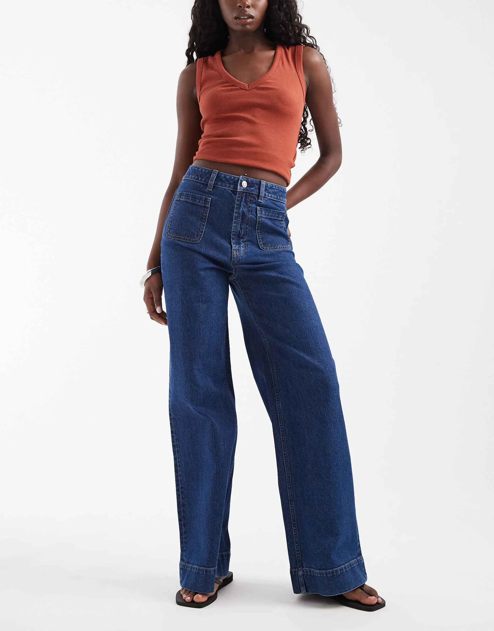 ASOS DESIGN high waist wide leg jeans with front pockets in dark wash blue