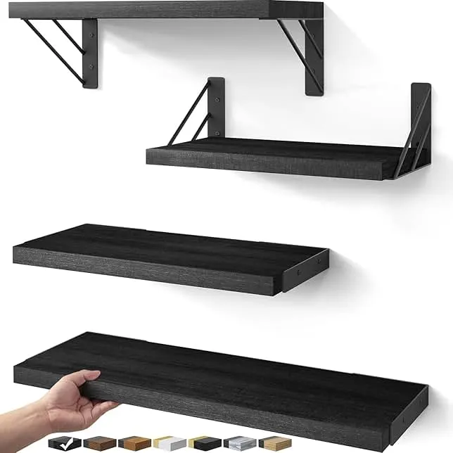BAYKA Wall Mounted Floating Shelves, Wood Floating Wall Shelf for Books & Decor, Small Space-Saving Display & Organizer(Black,Set of 4)