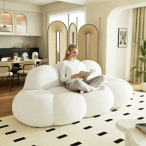 90 in. White Lamb Fleece Fabric Cloud Sofa Curved Leisure Sofa for Bedroom, Apartment