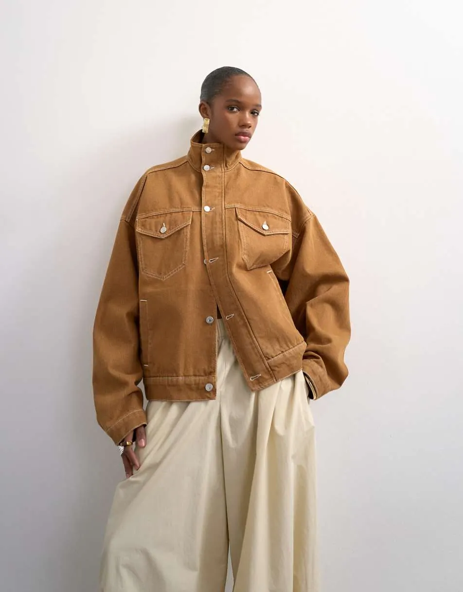 Topshop denim funnel neck elastic hem detail jacket tobacco