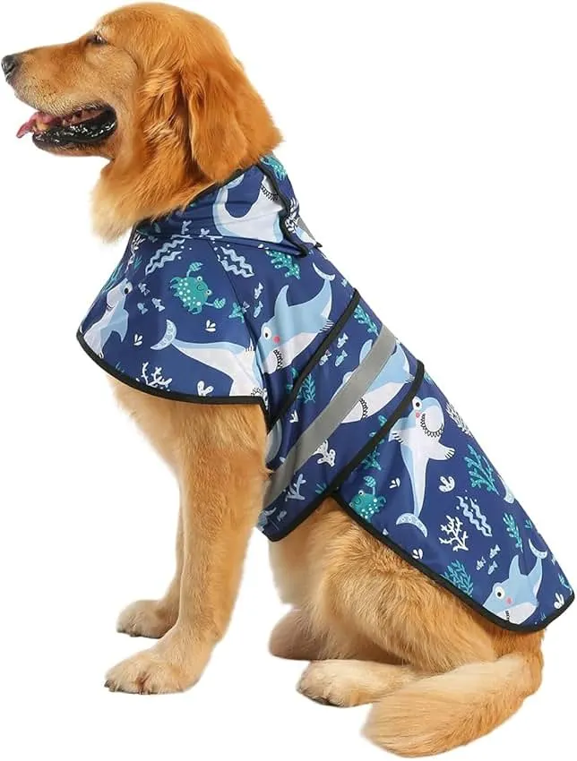 HDE Dog Raincoat Jacket Reflective Adjustable Hooded Pet Poncho Rain Coat with Leash Hole for Small to X-Large Dogs Sharks - L