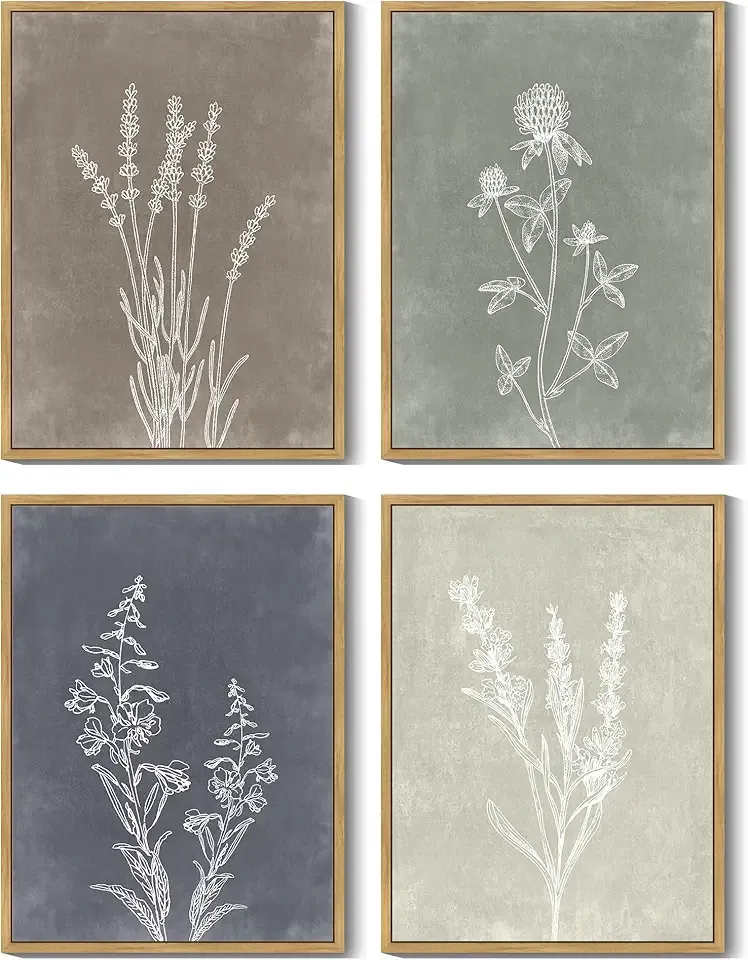 Drsoum Vintage Botanical Boho Framed Wall Art Wooded Antique Flower Bouquet Prints Farmhouse Retro Plants Rustic Bathroom Kitchen Home Decor Ready to Hang 11x14inx4pcs (Natural Framed)