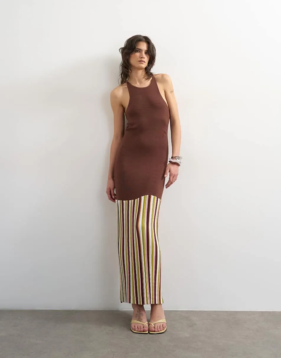 Topshop knitted strap back full skirt maxi dress in chocolate