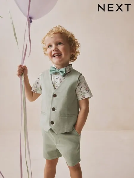 Sage Green Waistcoat, Shirt, Shorts & Tie Set (3mths-9yrs)