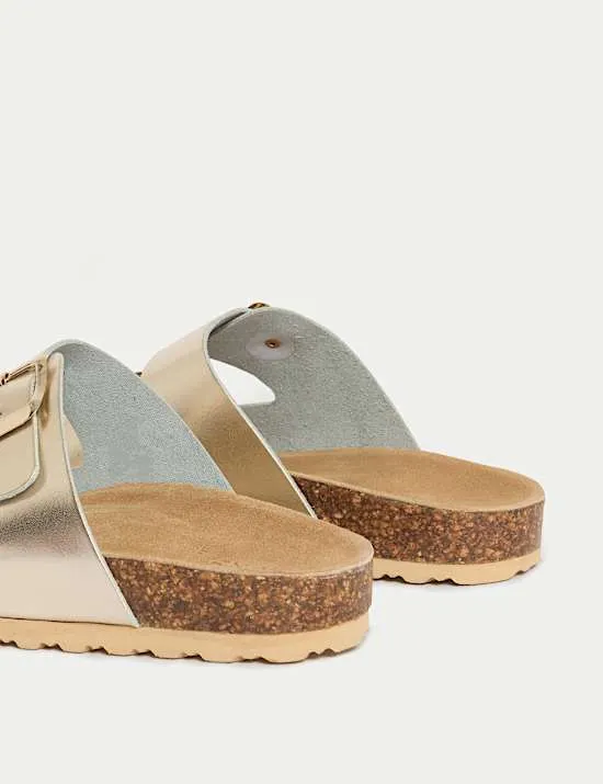 Leather Metallic Buckle Footbed Mules