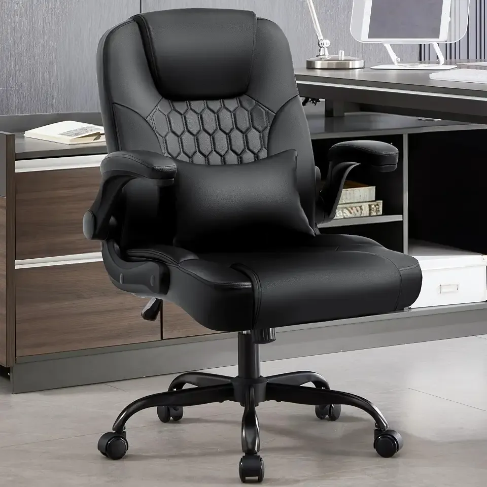 Leather Office Chair Swivel Lumbar Support for Short People Black | Executive Office Chair PU,Leather Office Chair with Wheels,360° Swivel Rolling Chair with Padded Arm,Ergonomic Computer Chair