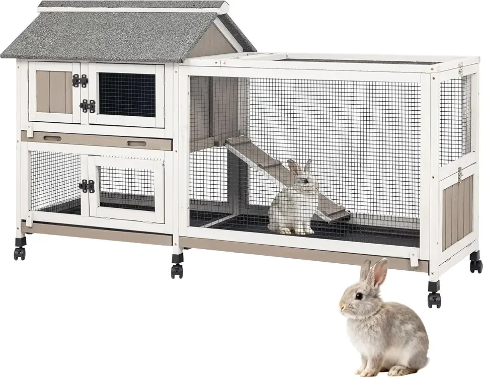 Gowoodhut 2-Story 60.6"L Rabbit Hutch Indoor and Outdoor with 6 Wheels,Wooden Rabbit Cage with 3 Pull Out Leak-Proof Trays for 2-4 Rabbits,Bunny Hutch with Asphalt Roof Bunny Cage with 6 Accesses,Grey