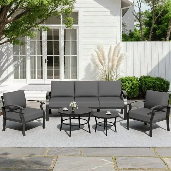 ALAULM 5-Seat Aluminum Patio Furniture Set, Outdoor Patio Conversation Set with 2 Round Metal Coffee Tables and 5.1" Cushions for Patio Backyard Poolside，Black