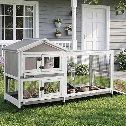 PetsCosset Large Rabbit Hutch with Run, 2-Story Bunny Cag…