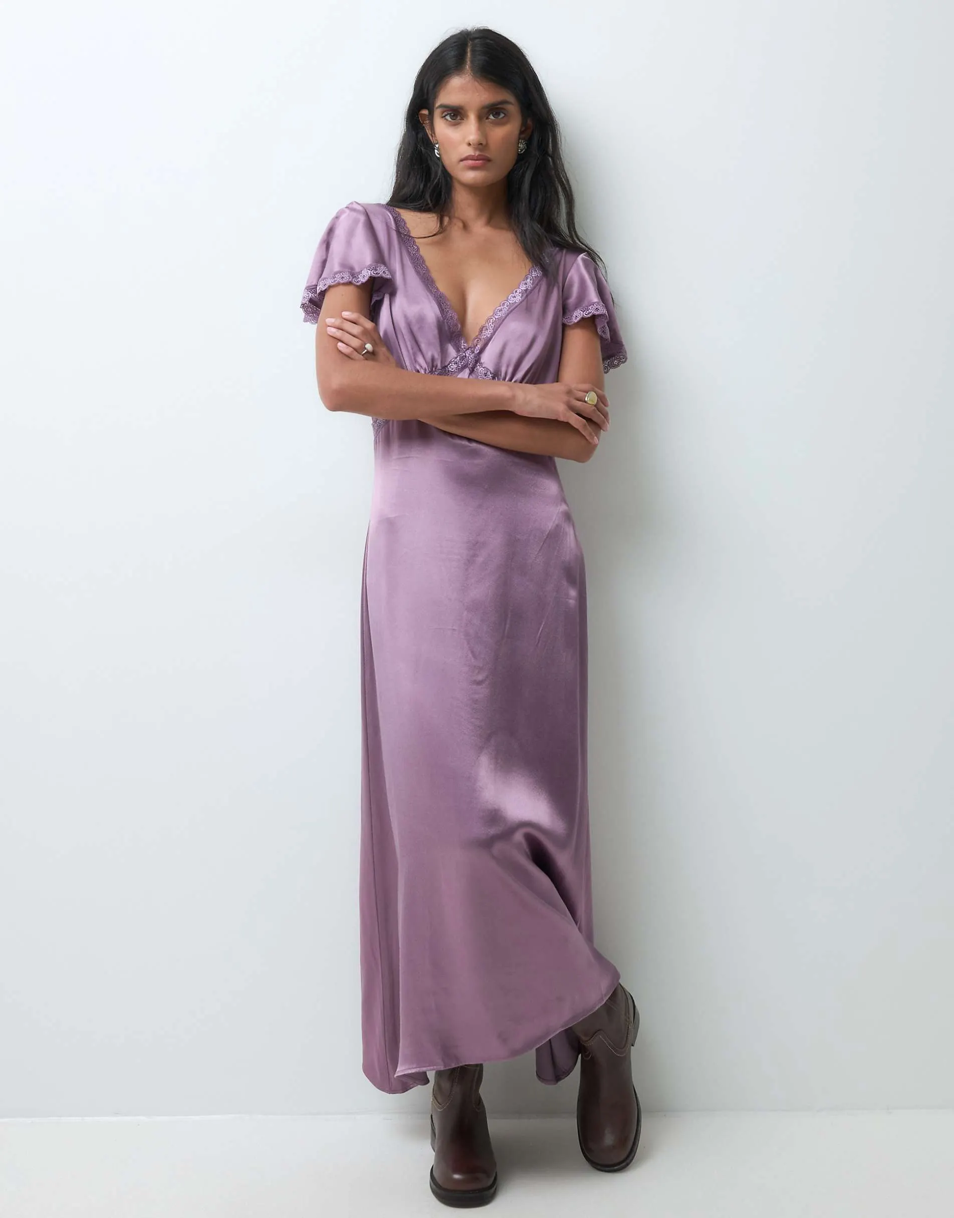Miss Selfridge satin lace midaxi tea dress in grape