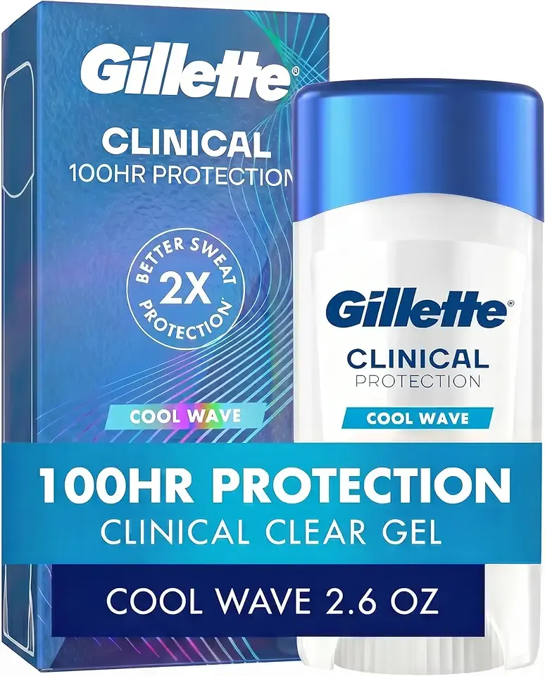 Gillette Clinical Antiperspirant and Deodorant for Men, 100HR Clinical Strength Sweat & Odor Protection, Long Lasting Freshness, Anti-White Mark Technology, Clear Gel, Cool Wave Scent, 2.6 oz