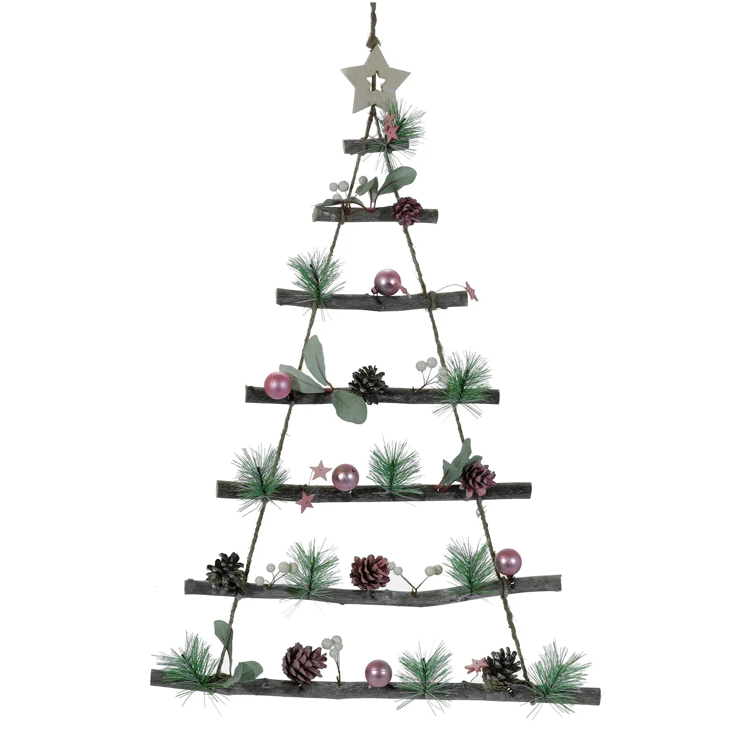 Appendino Natalizio Albero in Legno con Rami Naturali e Decorazioni Rosa h68 cm