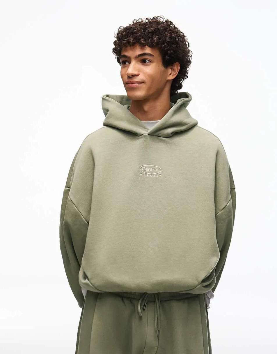 Bershka Boxy washed hoodie in khaki