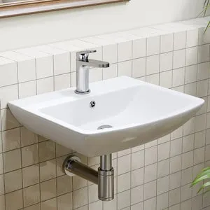 Lavabo de cerámica 48 x 42 cm, lavabo con orificio para grifo, con rebosadero, lavabo pequeño de cerámica blanca, lavabo pequeño para invitados HOROW