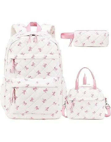 Similove Quilted Backpack for Girls with Lunch Box Pencil Case | 3Pcs Lightweight Kids School Backpack with Lunch Bag Pencil Pouch Teen Girl Bookbag Daypack for Elementary Middle High School