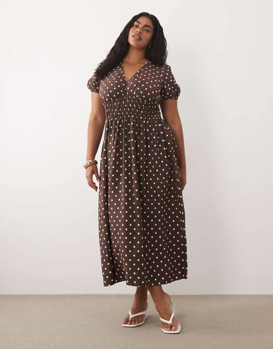 New Look Curve polka dot ruched waist midi dress in brown