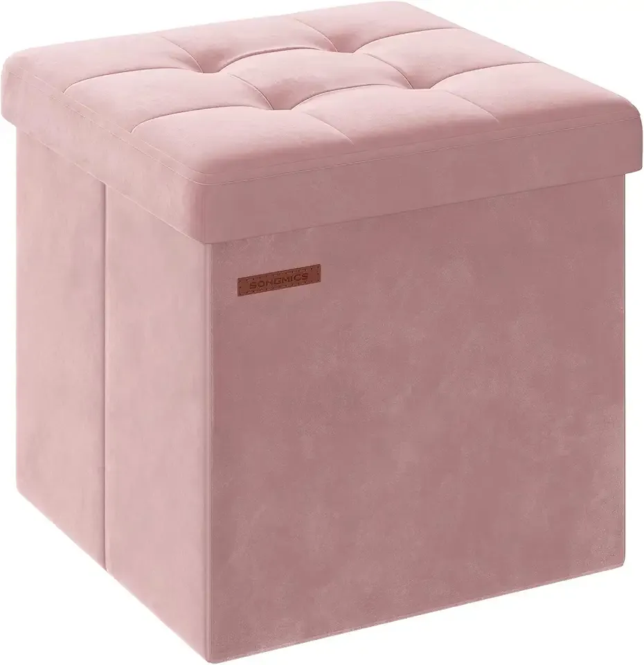 Small Storage Ottoman, Folding Ottoman Cube, 15 x 15 x 15 Inches, Footstool, Footrest, 11 Gal. (43 L), Velvet Surface, for Bedroom, Living Room, Dorm, Jelly Pink ULSF227R01