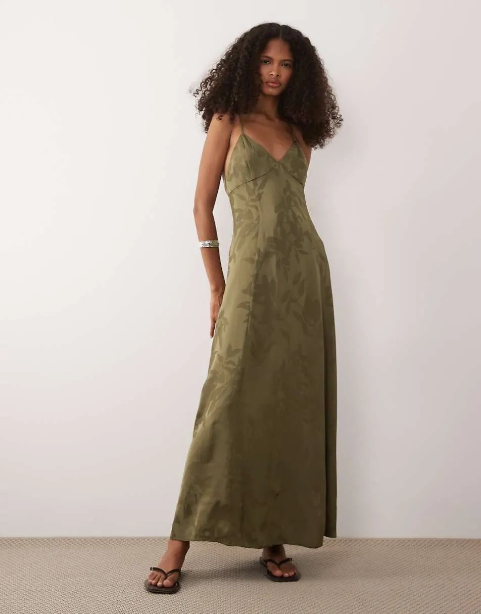 Armani Exchange maxi floral jacquard cross back dress in khaki