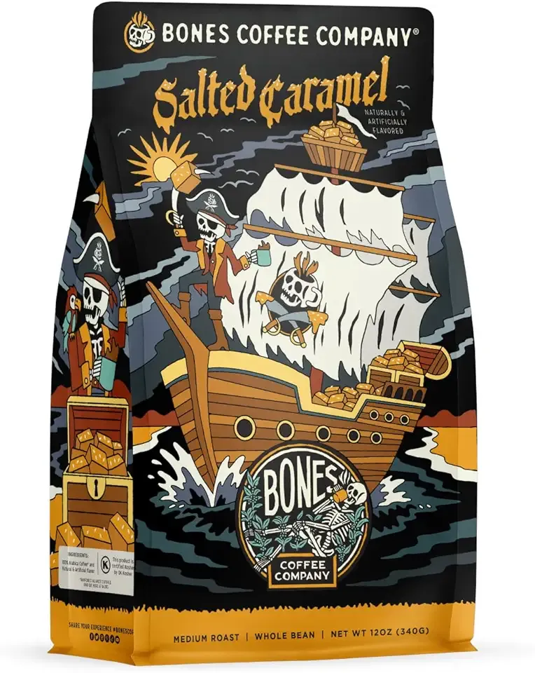 Bones Coffee Company Salted Caramel Flavored Coffee, Medium Roast Low Acid Arabica Beans Compatible with Auto drip and French Press Coffee Maker, 12 Oz Whole Bean