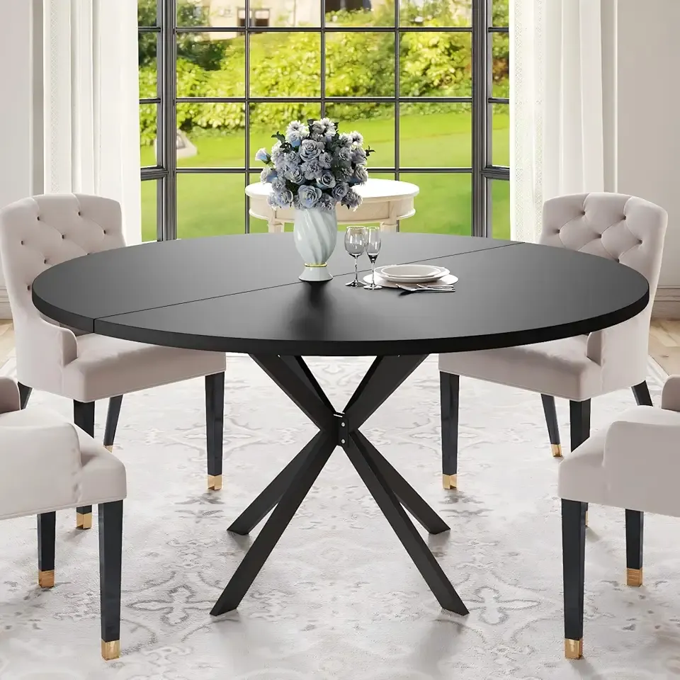 47.24" Round Dining Table for 4-6 Person, Round Kitchen Table with Wood Top, Circle Dinner Pedestal Tables with Metal Legs for Dining Room Kitchen (Black)