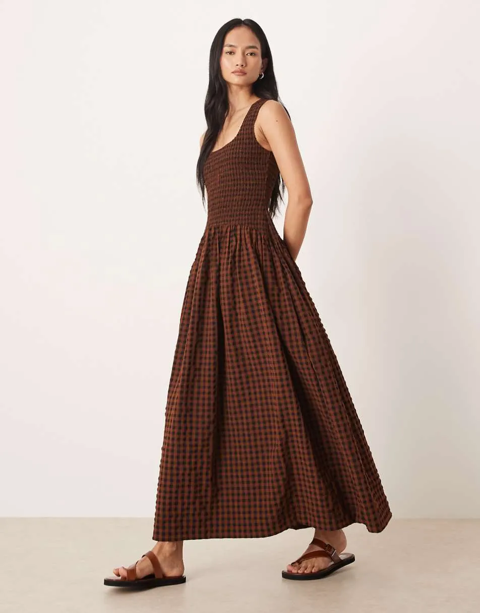 ASOS DESIGN crinkle scoop neck maxi sundress with shirred waist in black and chocolate gingham