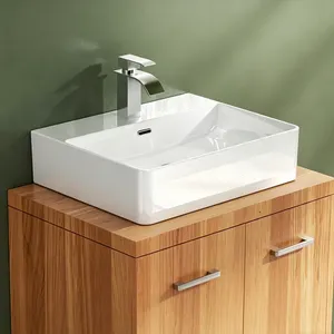 Lavabo de cerámica 50 x 42 cm, lavamanos suspendido blanco, lavabo suspendido con rebosadero, lavabo lavamanos con válvula pop-up