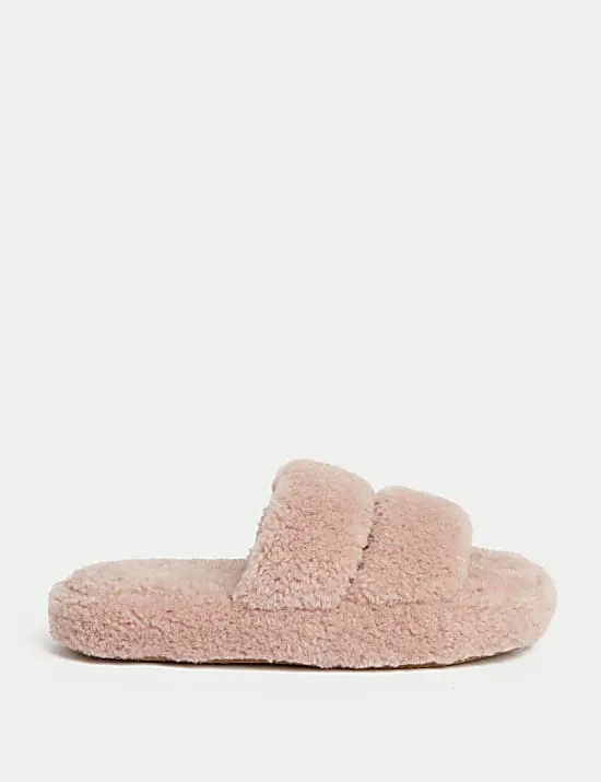 Zehenfreie Slipper mit Teddyfell und Plattformsohle