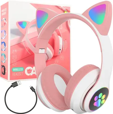 Kopfhörer für Kinder mit Bluetooth 5.0 Katzenohr Verstellbare mit Mikrofon Kabellos Kinderkopfhörer LED RGB Licht für Mädchen Tablet PC Rosa Retoo