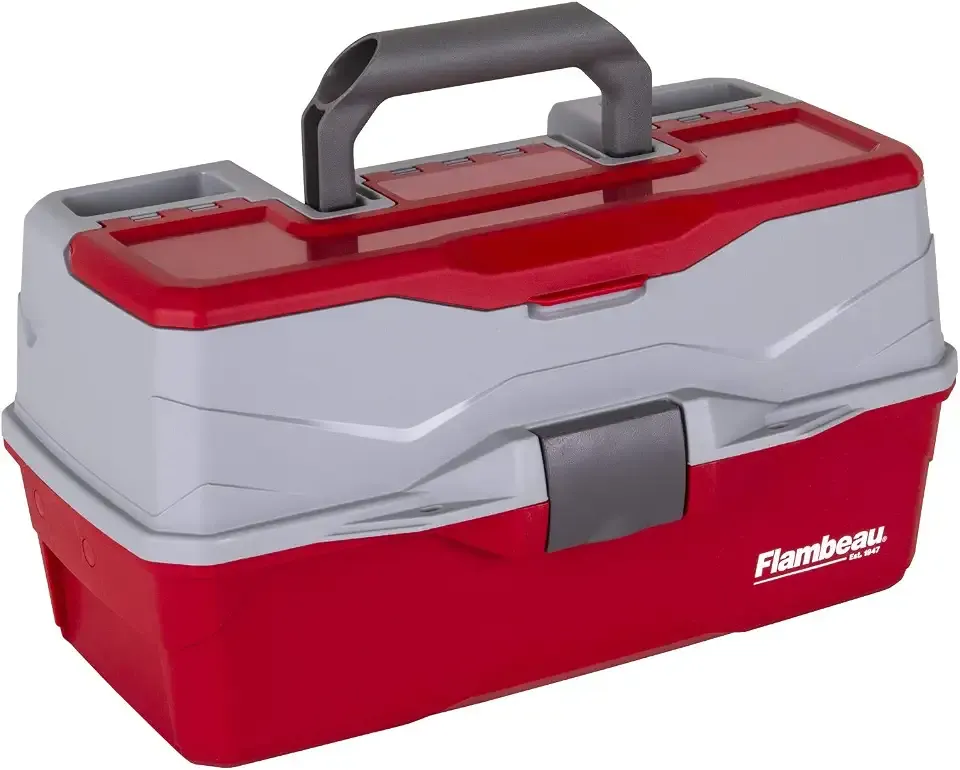 Flambeau Outdoors 6383 3-Tray Tackle Box, 32 Compartments, Red and Gray | Iconic cantilever 3-tray box, 32 compartments with 13 removable dividers, Draw Tite latch, Tip-Guard supports