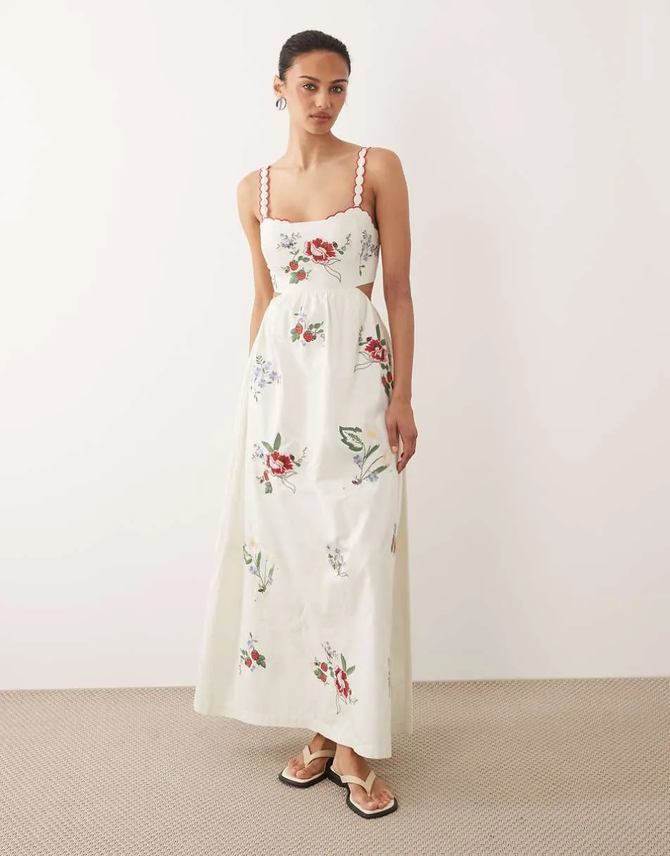 Abercrombie & Fitch premium embroidered A line maxi dress in white floral