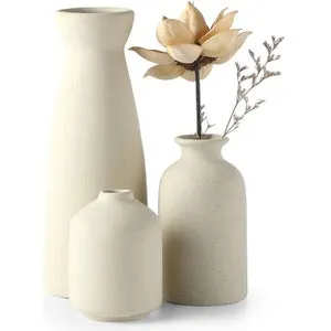 Lote de 3 jarrones de cerámica beige - Estilo bohemio moderno con efecto antiguo - Perfectos para hierba de la pampa y flores secas