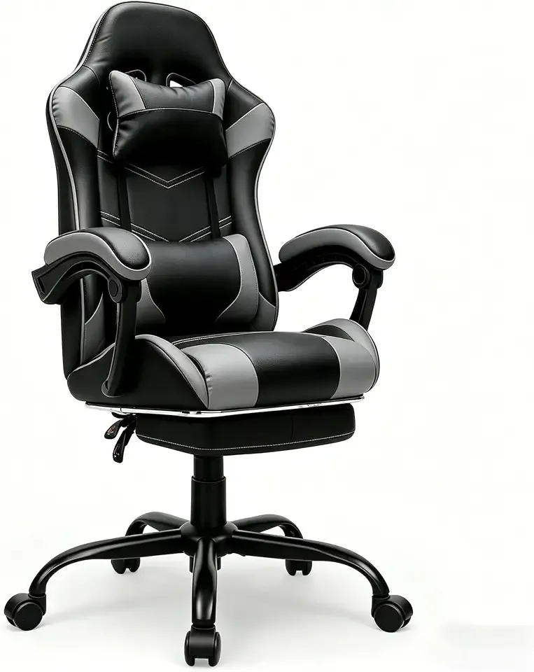 Gaming Chair with Footrest, Ergonomic Video Game Chair with Headrest and Lumbar Support, 400 lbs Adult Chair, Height Adjustable 360° Swivel High Back Reclining Computer Chair for Home Office (Grey)