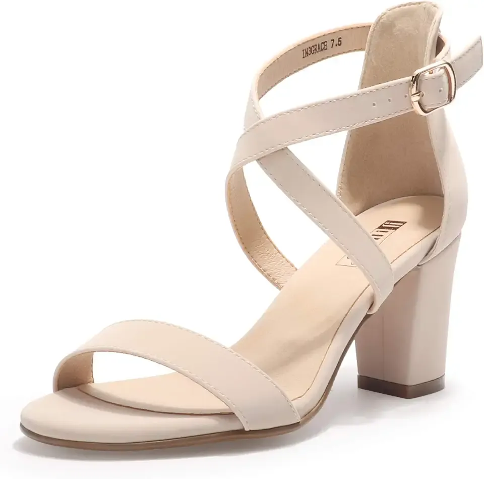 Women's IN3 Grace Strappy Block Heels Sandals Comfy Open Toe Chunky Dress Wedding Shoes with Adjustable Cross Strap