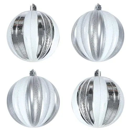 Enchanted Forest® 80mm Silver Ridged Stripes Shatterproof Ornaments - 4 Pack