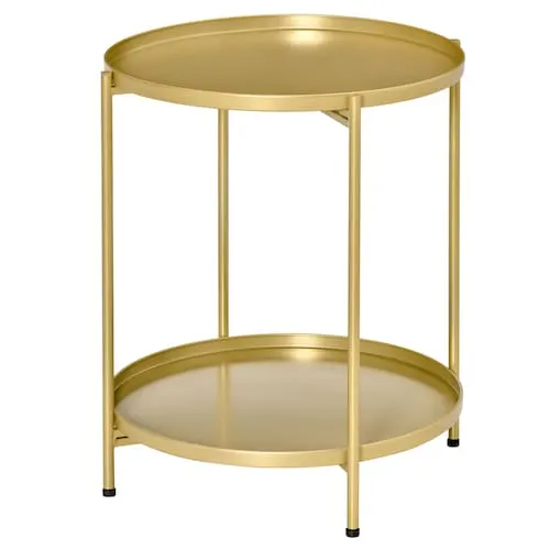 2-Tier Round Folding Side Table Metal Nightstand w/ Removable Trays ,Glod