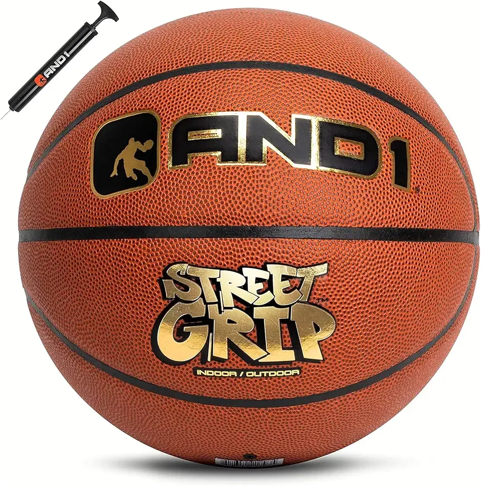 AND1 Street Grip Premium Composite Leather Basketball & Pump- Official Size 7 (29.5”) Streetball, Made for Indoor and Outdoor Basketball Games