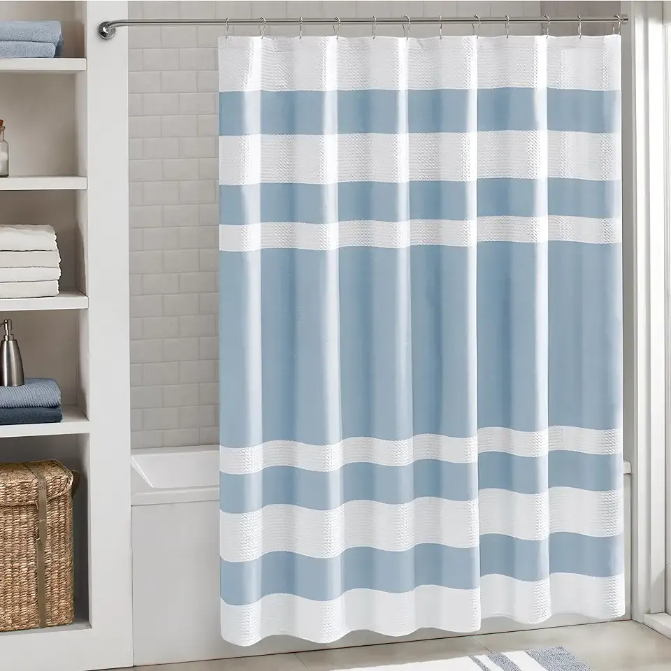 Madison Park Shower Curtain Waffle Weave Striped Pieced Design Fabric Shower Curtains for Bathroom with 3M Scotchgard Moisture Management Premium Spa Quality Modern Standard 72"x72" Blue