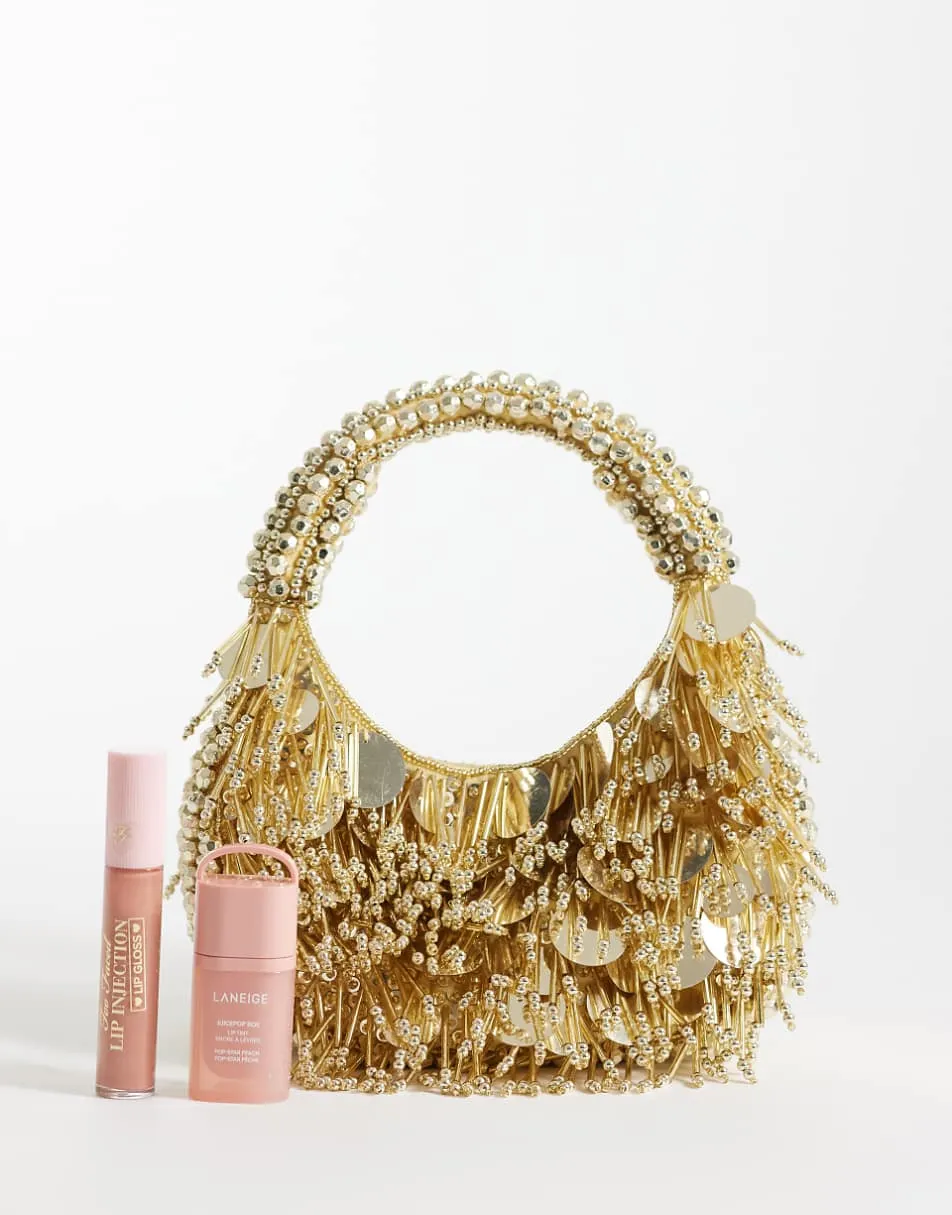 ASOS DESIGN embellished scoop sequin and bead bag in gold