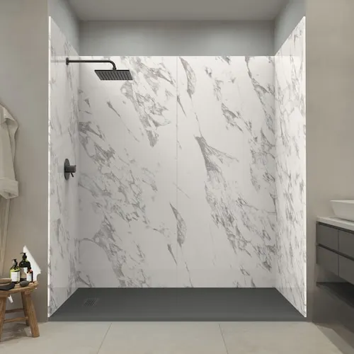 Carrara 36 in. x 72 in. x 84 in. Solid Composite Stone Alcove Shower Kit w/ Walls and Graphite Pan Base L/R Drain