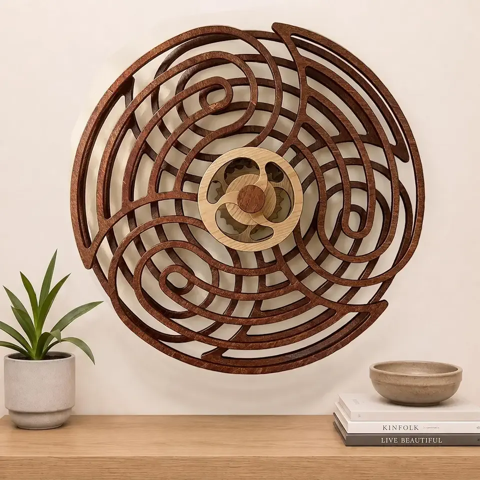 Mindsight Moving Kinetic Wall Art - Wind up to power peaceful motion (no battery) - Calming Wall Décor for Living Room, Office, Bedroom, Kitchen - Hand Crafted Wood - Ripple, Canyon Brown