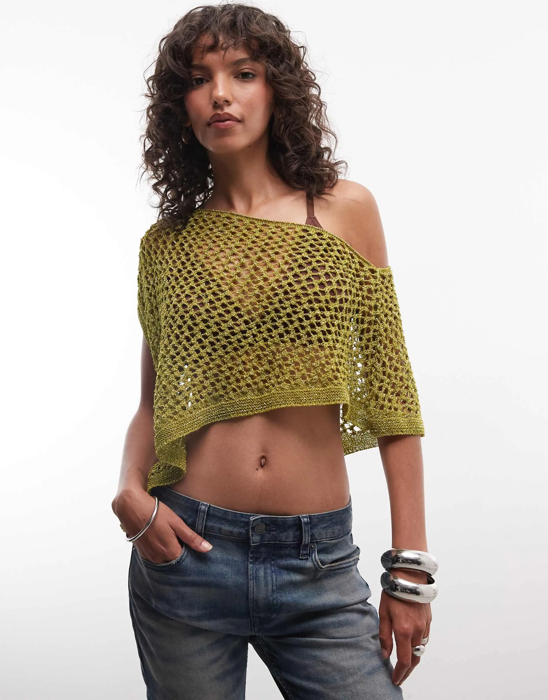 Reclaimed Vintage crochet knit metallic poncho in olive