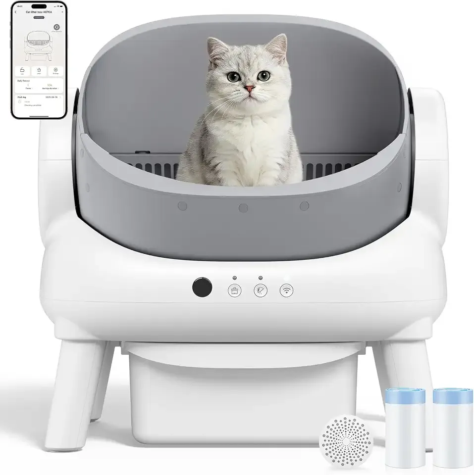 Automatic Litter Box,Open Top Self Cleaning Litter Box Grey | Automatic Cat Litter Box for Multiple Cats with Infrared Sensors & App Control,Quiet Operation,Large Waste Bin, Advanced Odor