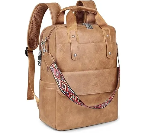 SYTRAH Leather Laptop Backpack 15.6 inch Womens Computer Bag Camel | 3-in-1 laptop purse: Dedicated 15.6" Compartment, 7-Pocket Organizer, Colorful Shoulder Strap, Work & Travel Ready