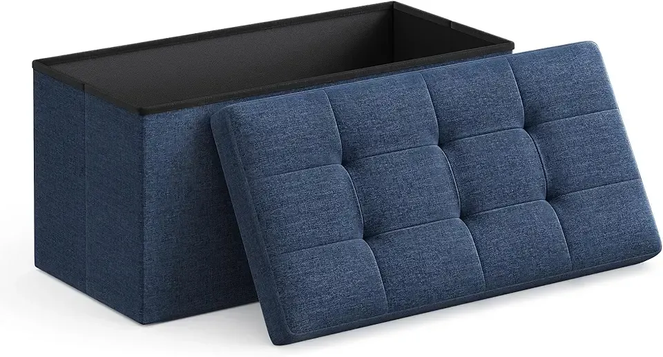 MAZIE Collection - 30 Inches Folding Storage Ottoman Bench, Ottoman Foot Rest, End of Bed Bench, Storage Chest, Load 660 lb, for Living Room, Bedroom, Entryway, Midnight Blue ULSF47IN