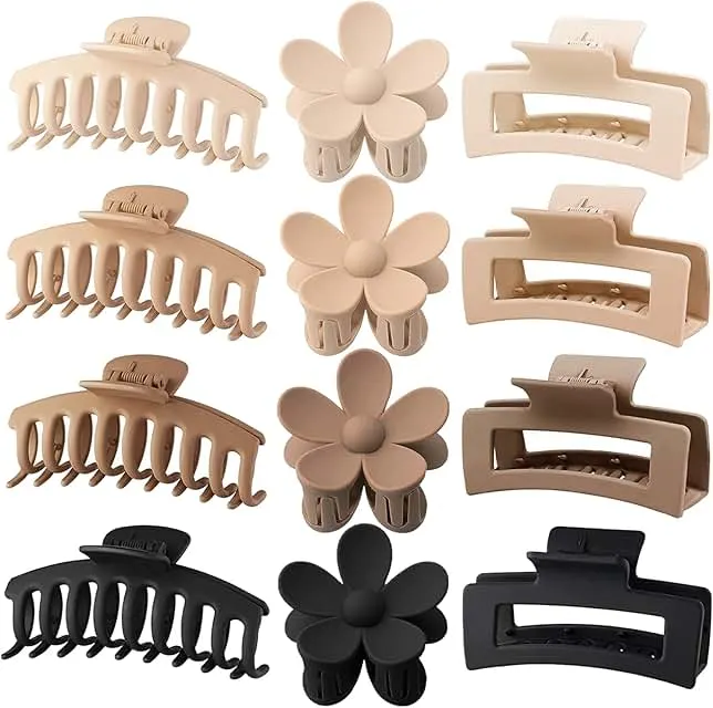 Large Hair Claw Clips 12 Pack, Flower Hair Clips for Thin Hair, Big Square Matte Strong hold for Thick Hair, 3 Styles Hair Clips for Women Thick Hair Neutral Colors