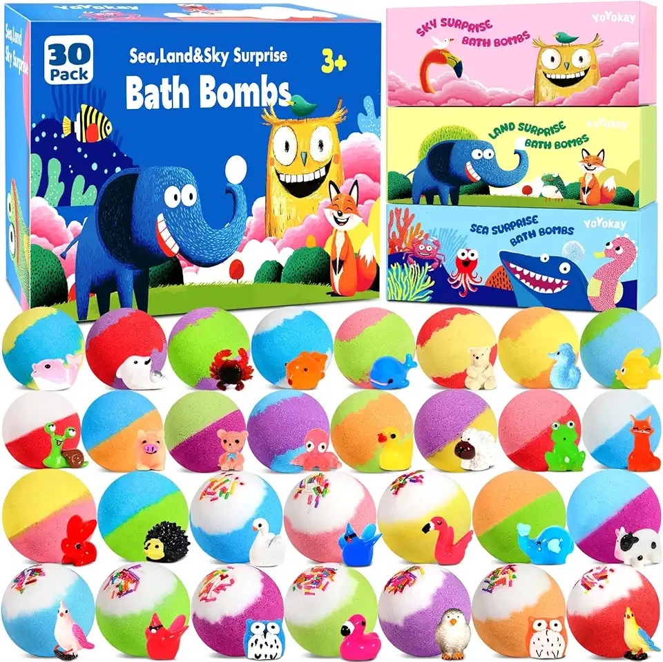30 Bath Bombs for Kids with Toys Inside, Kids Bath Bombs Gift Set with 30 Sea & Land & Sky Animal Surprise Toy, Bubble Bath Toys, Valentine Gifts for Girls Boys, Birthday Gifts