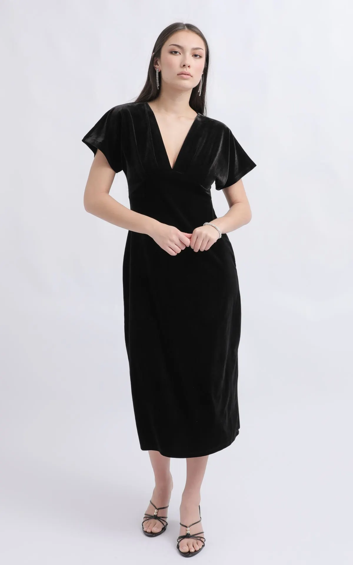 Velvet Flutter Sleeve Midi Dress