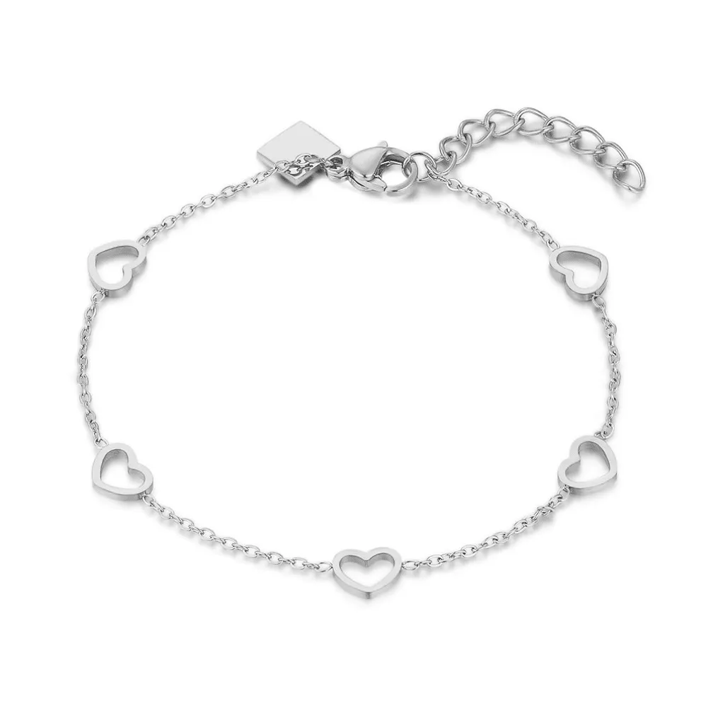 Armband in edelstaal, 5 hartjes
