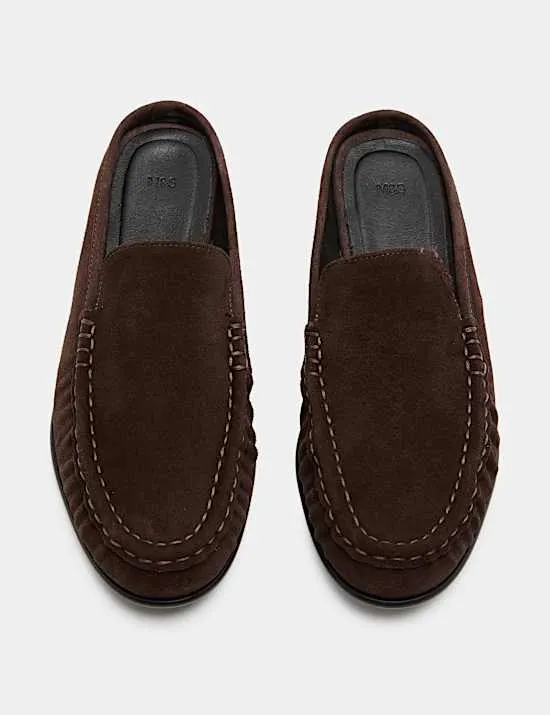 Suede Ruched Backless Flat Loafers