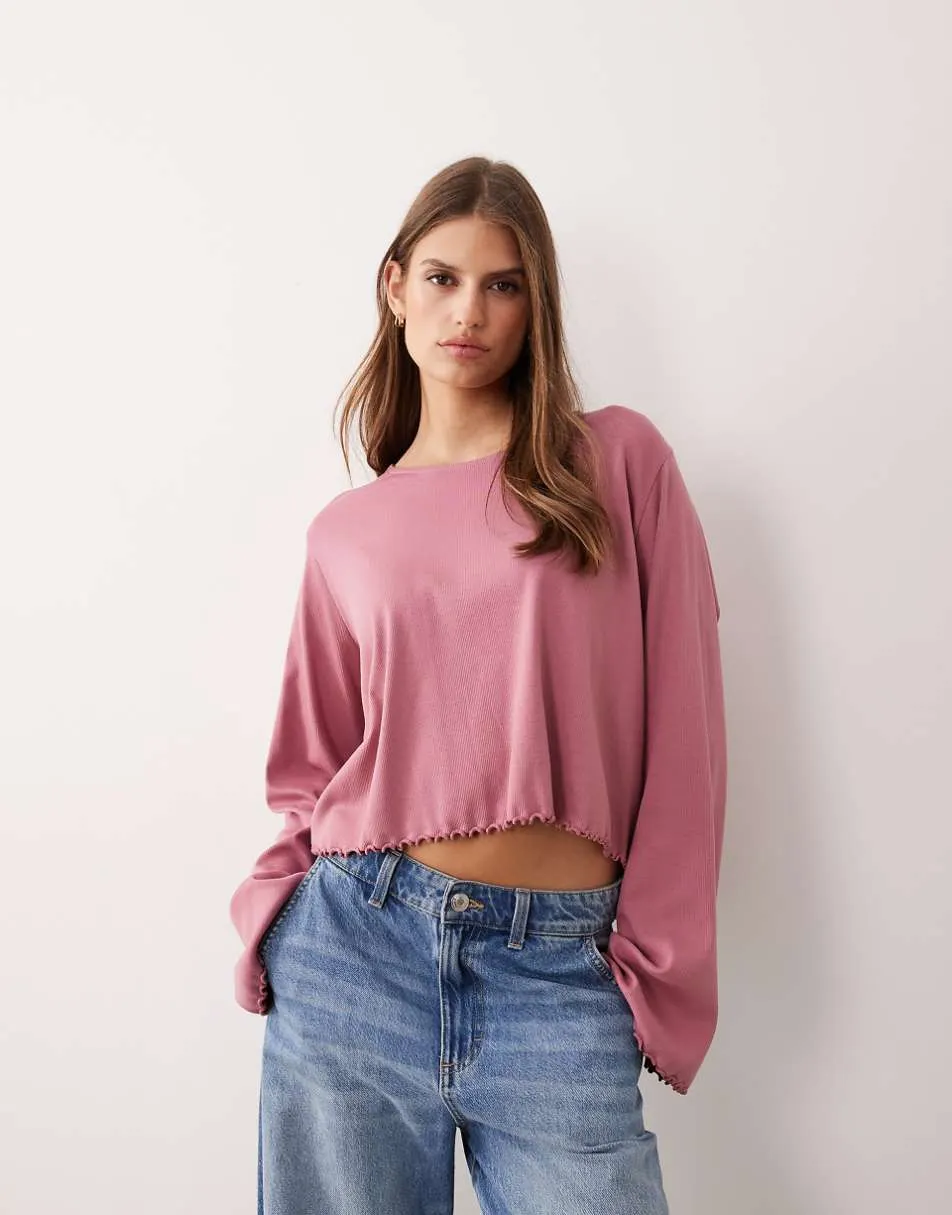 ASOS DESIGN lettuce hem long sleeve t-shirt in dusty pink